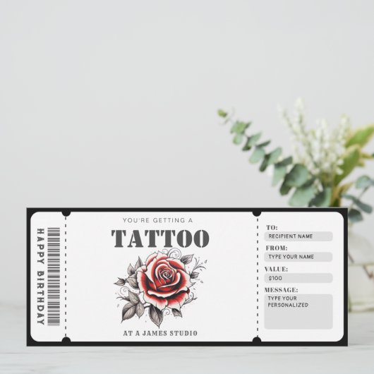 Aanpasbaar cadeaubon Tattoo Ticket Kaart (Staand voorkant)