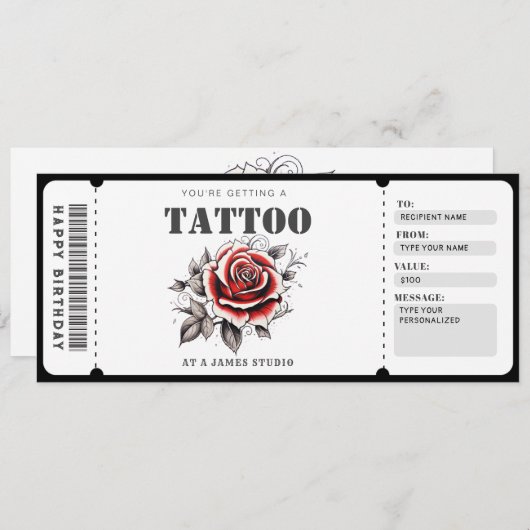 Aanpasbaar cadeaubon Tattoo Ticket Kaart (Voorkant / Achterkant)
