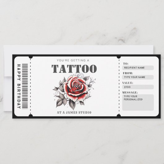 Aanpasbaar cadeaubon Tattoo Ticket Kaart (Voorkant)