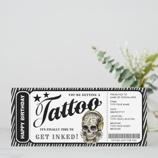 Aanpasbaar cadeaubon Tattoo Ticket Kaart (Staand voorkant)