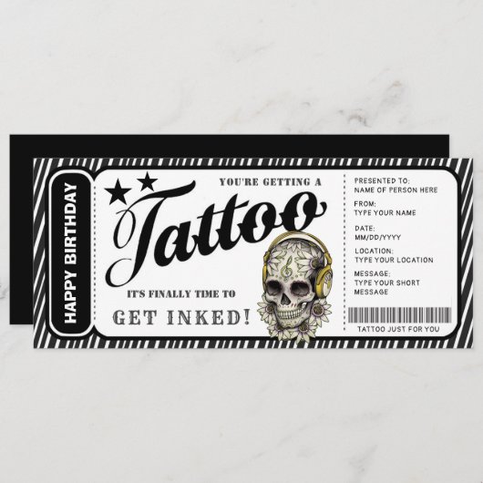 Aanpasbaar cadeaubon Tattoo Ticket Kaart (Voorkant / Achterkant)