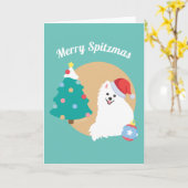 Aanpasbaar - Cute Japanse Spitz-hond Kerstmis Kaart (Gele Bloem)