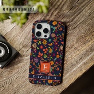 Aanpasbaar donker marineblauw oranje paisleypatroo iPhone 15 pro max case