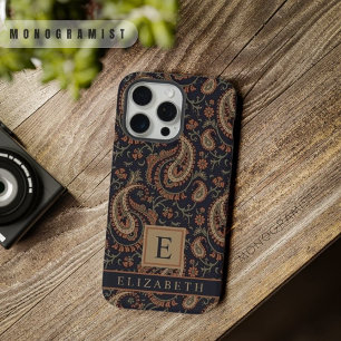 Aanpasbaar donkerblauw beige paisleymotief iPhone 15 pro max case