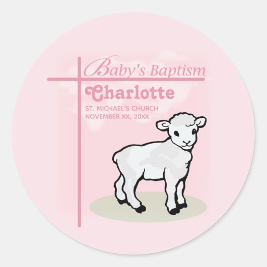 Aanpasbaar, Doop, Roze, Meisje, Lam Ronde Sticker (Voorkant)