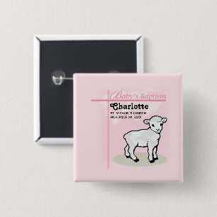 Aanpasbaar, Doop, Roze, Meisje, Lam Vierkante Button 5,1 Cm