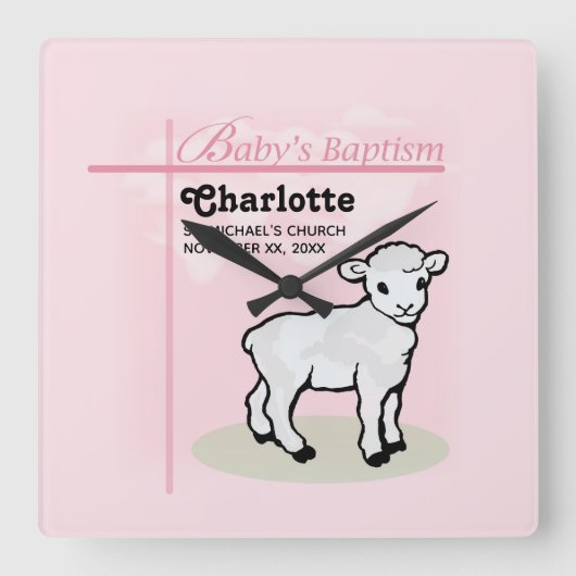 Aanpasbaar, Doop, Roze, Meisje, Lam Vierkante Klok (Voorkant)