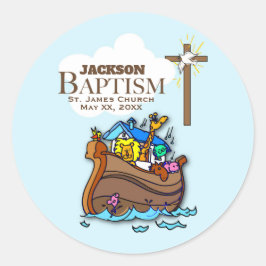 Aanpasbaar, Doopfeest Noah's Ark voor baby jongen Ronde Sticker