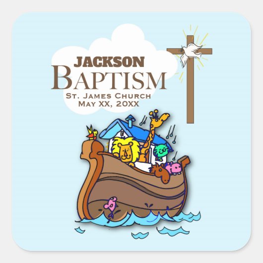 Aanpasbaar, Doopfeest Noah's Ark voor baby jongen Vierkante Sticker (Voorkant)