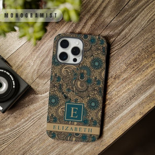 Aanpasbaar Goud Zwart Teal Blauw Paisley Patroon iPhone 15 Pro Max Case