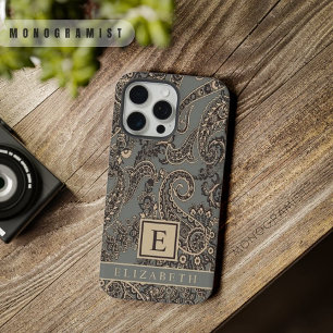 Aanpasbaar Grijs Zwart Perzik Roze Paisley Patroon iPhone 15 Pro Max Case