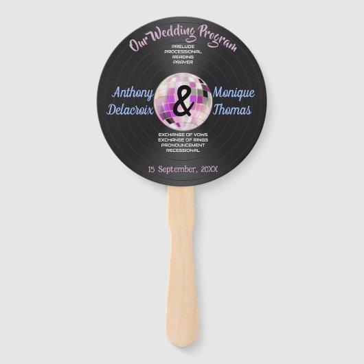 Aanpasbaar huwelijksprogramma in discostijl handwaaier (Voorkant)
