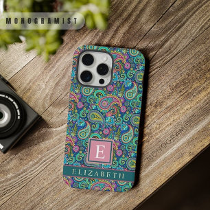 Aanpasbaar Lichtgroen Donkerblauw Paisley Patroon iPhone 15 Pro Max Case