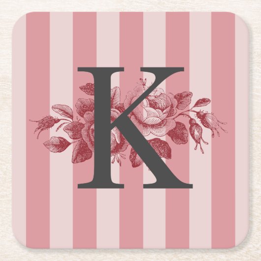 Aanpasbaar Monogram Roze Strepen Koolrozen Kartonnen Onderzetters (Voorkant)