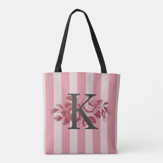 Aanpasbaar Monogram Roze Strepen Koolrozen Tote Bag (Achterkant)
