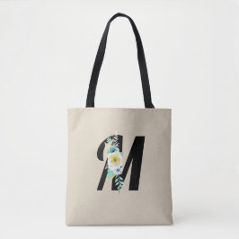 Aanpasbaar monogram wit en aqua bloemenspray tote bag