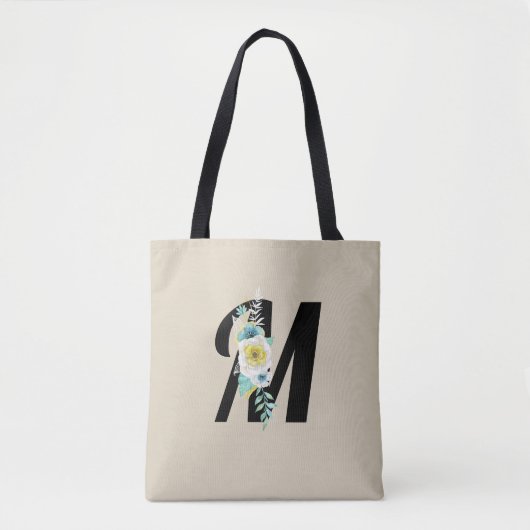 Aanpasbaar monogram wit en aqua bloemenspray tote bag (Voorkant)
