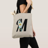 Aanpasbaar monogram wit en aqua bloemenspray tote bag (Dichtbij)