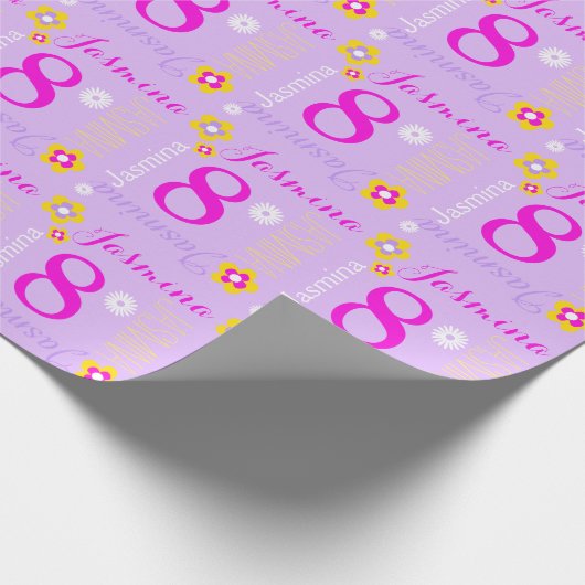 Aanpasbaar paars roze leeftijd 8 jaar cadeaupapier (Hoek)