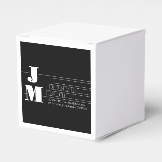 Aanpasbaar retro-modern zwart-wit monogram bedankdoosjes (Voorkant Zijde)
