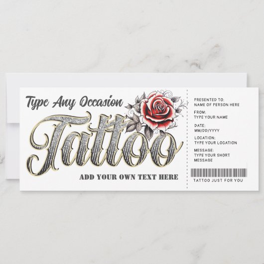 Aanpasbaar roos tattoo cadeaubon ticket kaart (Voorkant)