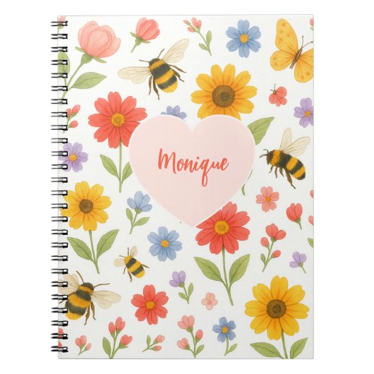 Aanpasbaar Roze Oranje Bloem- en Bijpatroon Notitieboek (Voorkant)