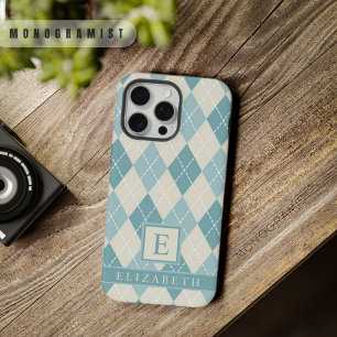 Aanpasbaar Teal Blauw Groen Grijs Argyle Patroon iPhone 15 Pro Max Case