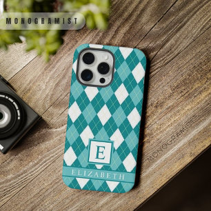 Aanpasbaar Teal Blauw Groen Wit Argyle Patroon iPhone 15 Pro Max Case
