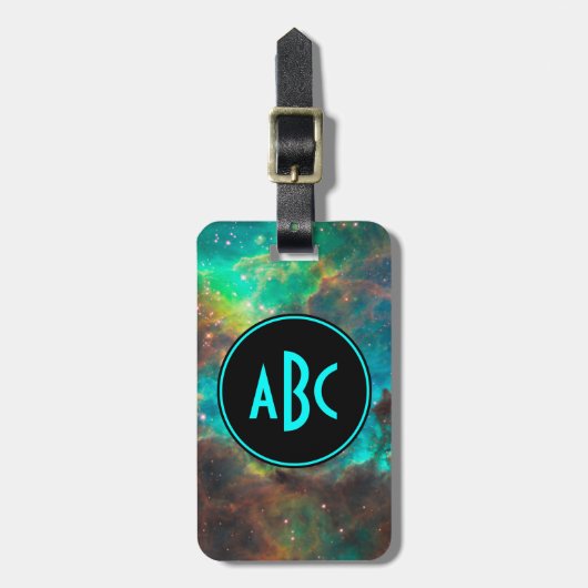 Aanpasbaar zwart en aqua drieletter-monogram bagagelabel (Voorkant verticaal)