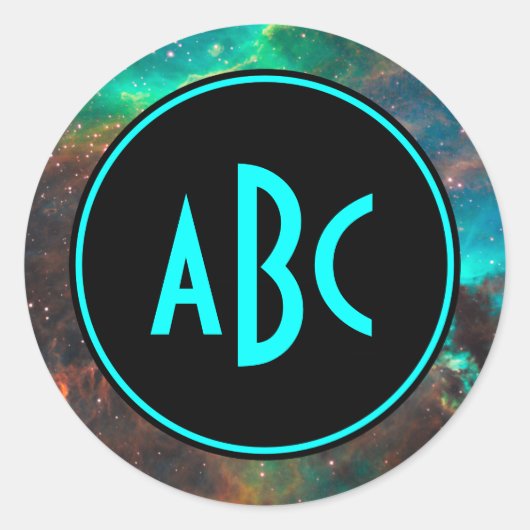 Aanpasbaar zwart en aqua drieletter monogram ronde sticker (Voorkant)