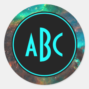 Aanpasbaar zwart en aqua drieletter monogram ronde sticker