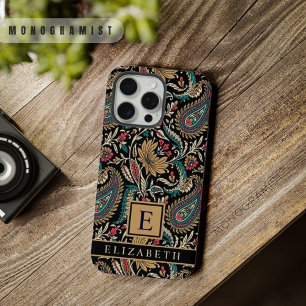 Aanpasbaar zwart goud geel paisley patroon iPhone 15 pro max case