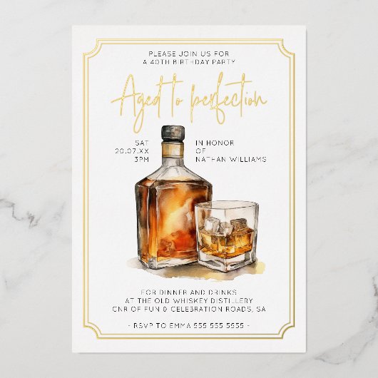 Aanpasbare 40e verjaardag Whiskey Echte Goud Folie Uitnodiging (Voorkant)