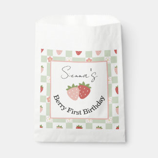Aanpasbare Aardbei Gingham Eerste Verjaardag Bedankzakje