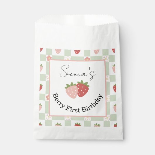Aanpasbare Aardbei Gingham Eerste Verjaardag Bedankzakje (Voorkant)