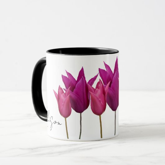 Aanpasbare Alison naam mooie roze tulp bloemig Mok (Voorkant links)