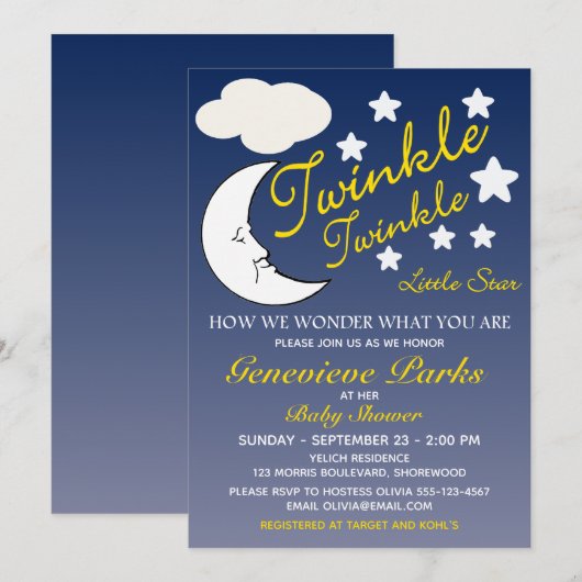 Aanpasbare baby shower Twinkle Star uitnodiging (Voorkant / Achterkant)