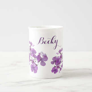 Aanpasbare Becky naam paarse bloemige retro stijl Porselein Kop