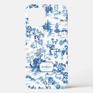 Aanpasbare blauwe en witte pagode chinoiserie iPhone 12 hoesje