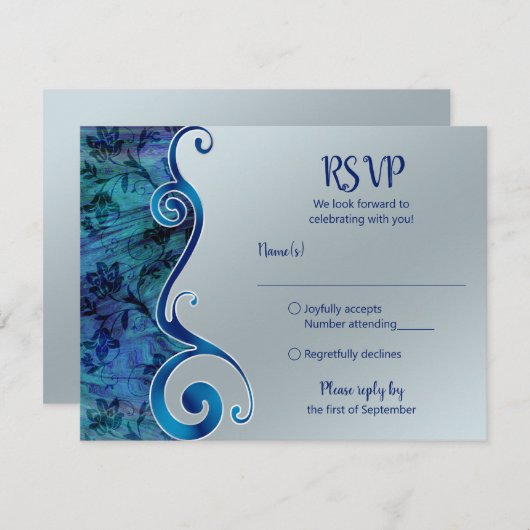 Aanpasbare Blauwe en Zilveren RSVP Kaart (Voorkant / Achterkant)