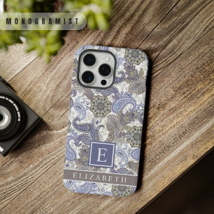 Aanpasbare Blauwe Paarse Grijze Witte Paisley iPhone 15 Pro Max Case