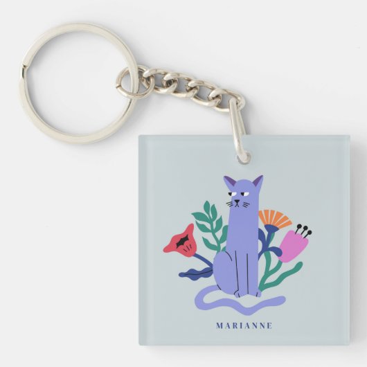 Aanpasbare Blauwe Russische Kat & Matisse Bloemen Sleutelhanger (Voorkant)