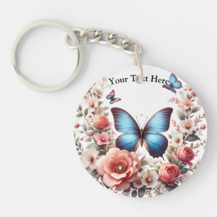 Aanpasbare Blauwe Vlinder Bloemschilderkunst-96279 Sleutelhanger