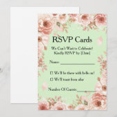 Aanpasbare bloemige mint- en roze rozen RSVP Kaart (Voorkant / Achterkant)