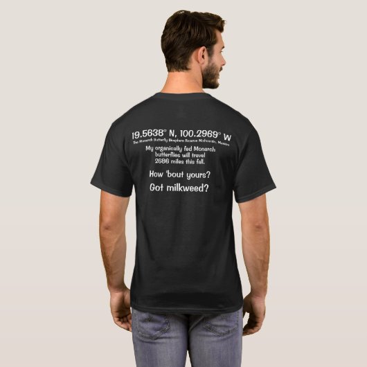 Aanpasbare breedtegraad & lengtegraad Monarch vlin T-shirt (Achterkant volledig)