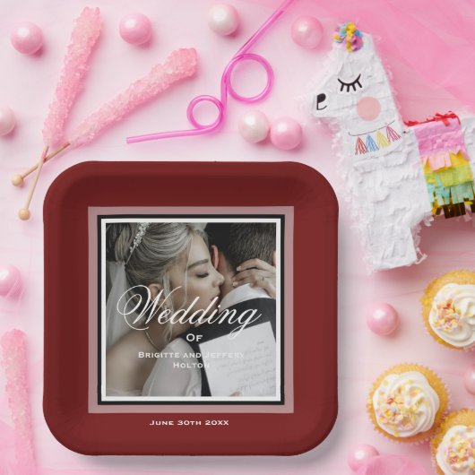 Aanpasbare bruidsfoto van Bourgogne Red Papieren Bordje (Feest)