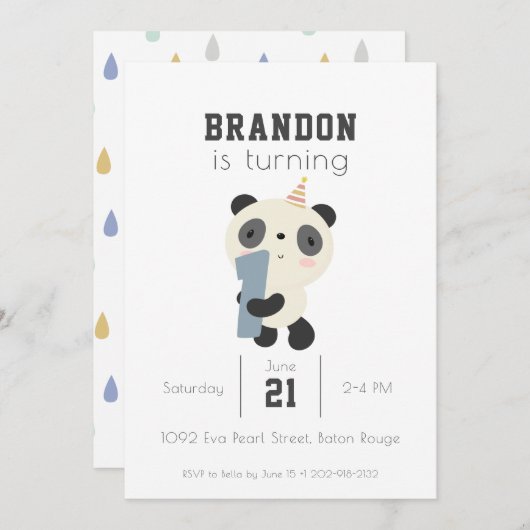 Aanpasbare Cute Panda Eerste Verjaardag Kaart (Voorkant / Achterkant)