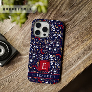 Aanpasbare donker marineblauw rood wit paisley iPhone 15 pro max case