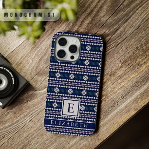 Aanpasbare Donker Marineblauw Wit Grijs Azteekse iPhone 15 Pro Max Case