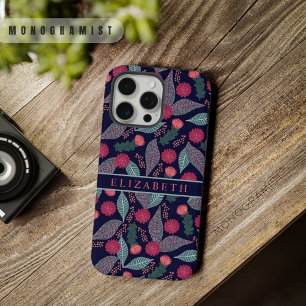 Aanpasbare Donkerblauw Groen Bloemig Roze Bloemen iPhone 15 Pro Max Case
